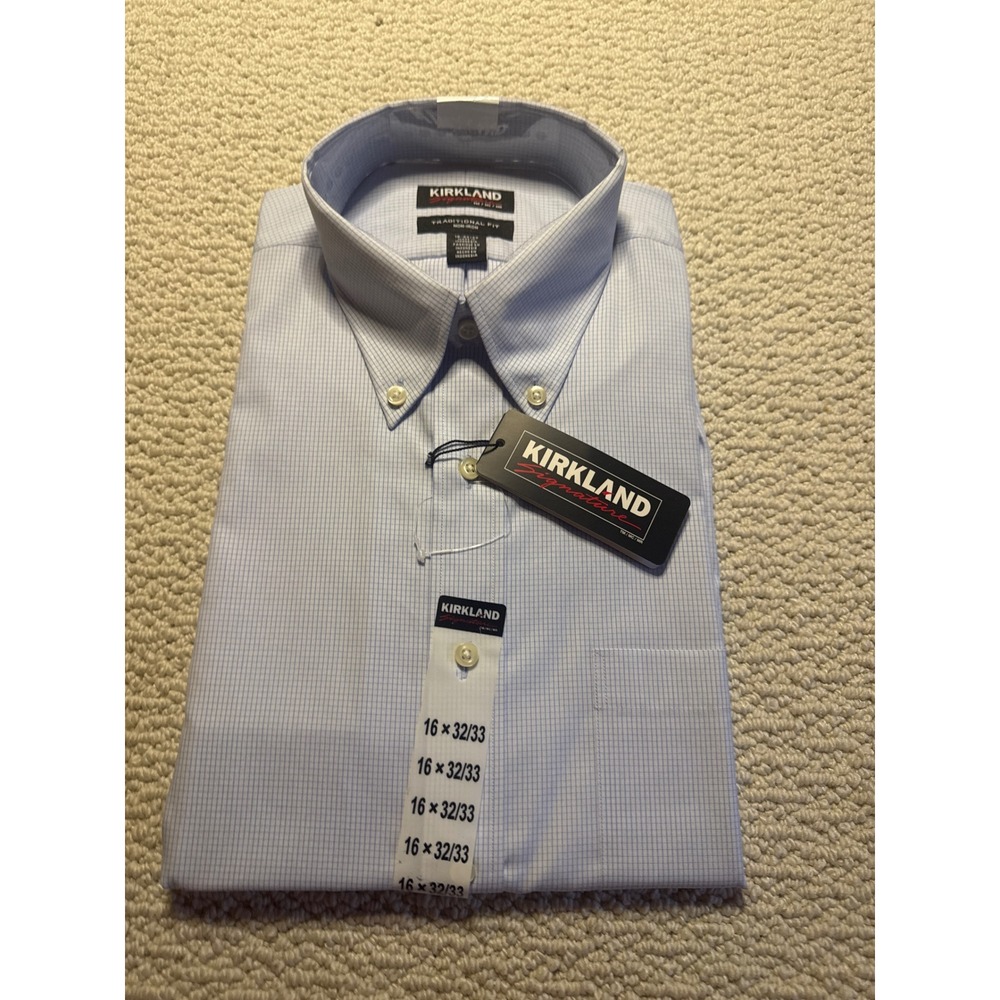 Kirkland Signature Blue Micro Check Dress Shirt 16 32/33 Non Iron Traditional